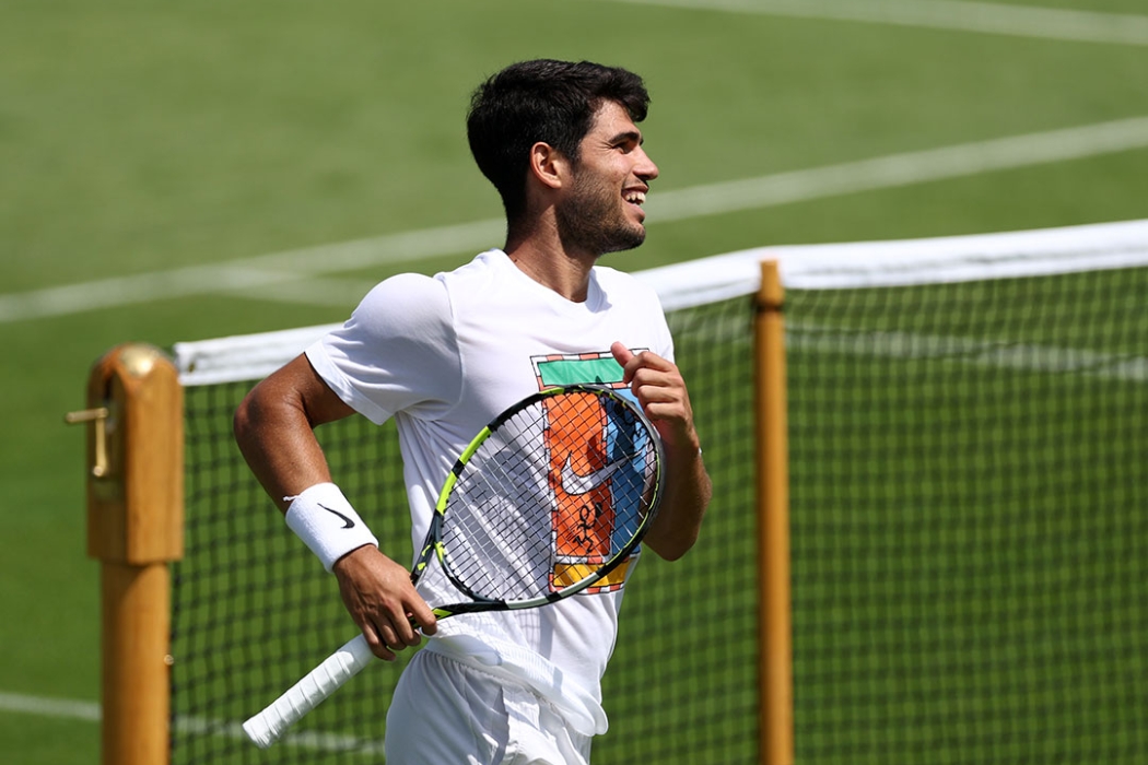 Carlos Alcaraz practises ahead of the 2025 Wimbledon championships